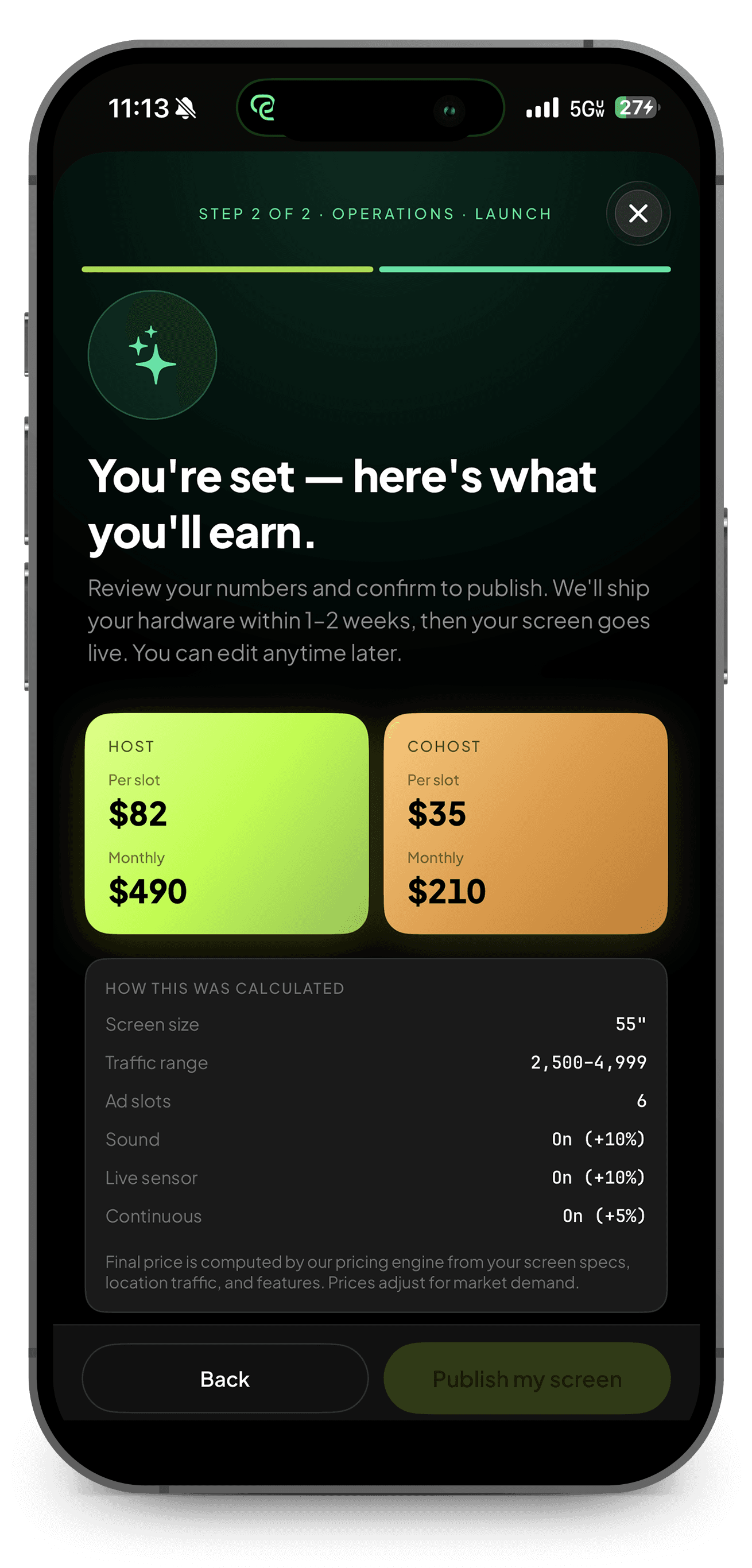 Cavline screen setup on an iPhone, final step: projected earnings — host $82 per slot, $490 monthly; cohost $35 per slot, $210 monthly — with the pricing breakdown